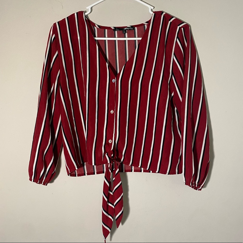 daisy may • red striped longsleeve blouse with tie